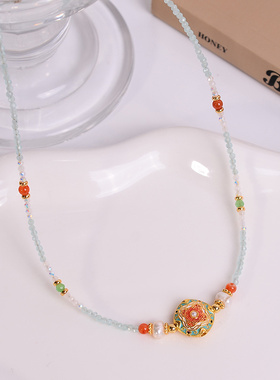 钛钢项链 新中式国风串珠项链女夏季精致滴釉复古锁骨链气质配饰