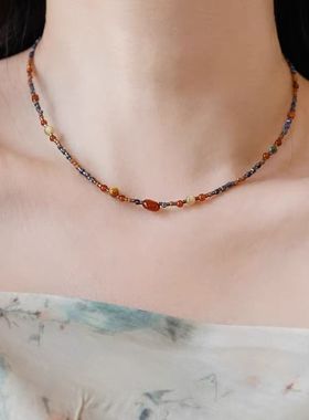 钛钢项链 小众高级感复古彩色串珠项链女夏季锁骨链首饰不褪色