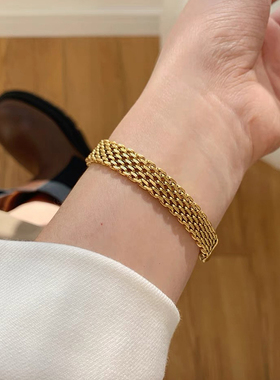 钛钢手链 气质百搭编织金色表带手链女复古轻奢高级感手饰不掉色