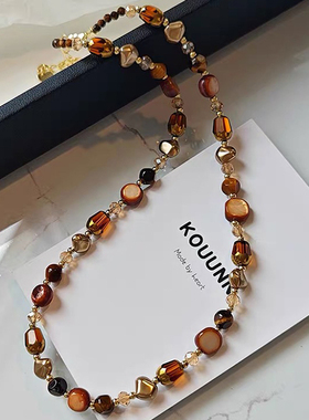 钛钢项链 复古咖色串珠项链女轻奢精致高级感锁骨链高品质不褪色