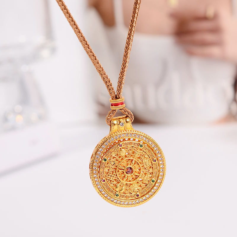 铜合金项链 新中式可转动八宝罗盘项链女编织绳长链毛衣链首饰品