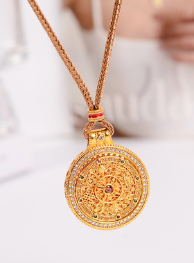 铜合金项链 新中式可转动八宝罗盘项链女编织绳长链毛衣链首饰品