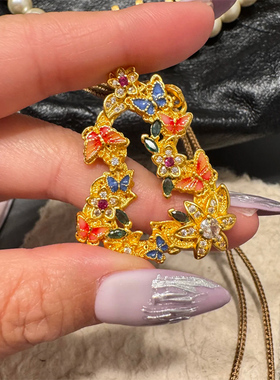 铜合金项链 新中式珐琅工艺葫芦蝴蝶项链女编织绳长款福禄配饰