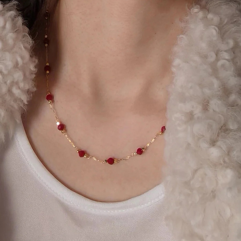 钛钢项链 酒红色串珠满天星小方糖项链女高级感锁骨链精致饰品