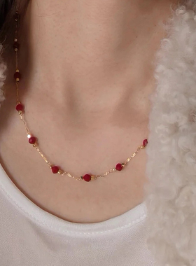 钛钢项链 酒红色串珠满天星小方糖项链女高级感锁骨链精致饰品