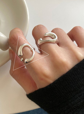 925银戒指 素银C字母戒指女~百搭时尚s925纯银大圆圈开口食指环