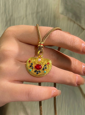 铜合金布艺项链 新中式复古花丝凤华玲珑小锁包项链女元宝毛衣链