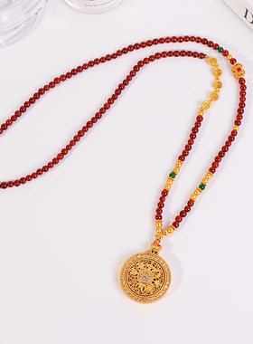 铜合金项链 红色可转动八宝罗盘项链女高级感新中式毛衣链配饰品