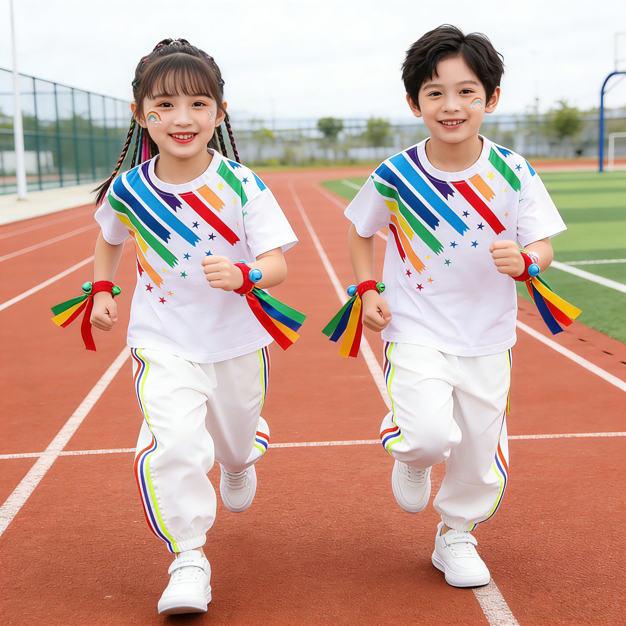 六一儿童节彩虹运动会开幕式男女童小学生啦啦队合唱演出服班服潮