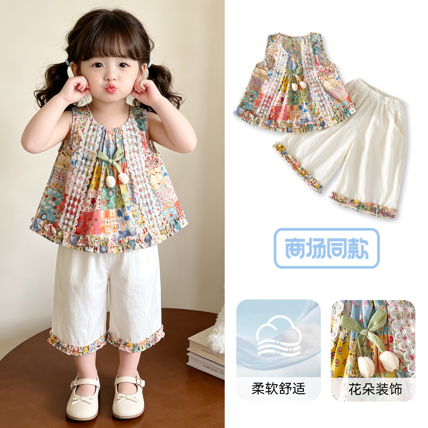 夏款无袖花裙女童清爽外出服儿童薄款贴身凉感韩版沙滩分体套装
