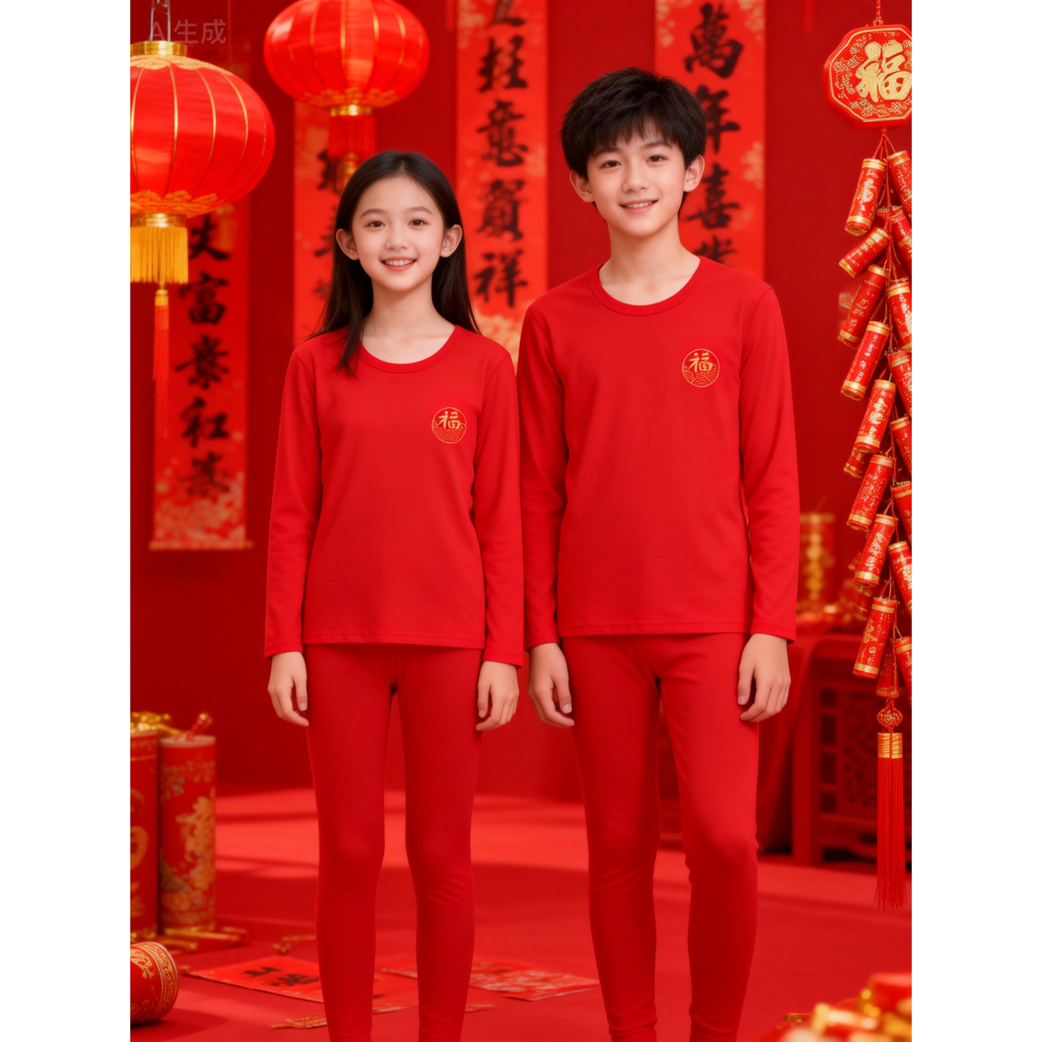 儿童纯棉内衣套装本命年大红色新年男女中大童秋衣秋裤家居服睡衣