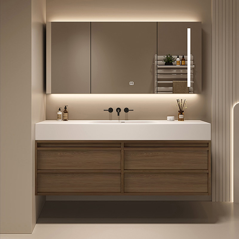 2025中古风胡桃木双层岩板热弯一体盆浴室柜镜柜组合卫生间洗手盆