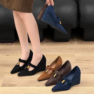 方头浅口舒适水钻单鞋 韩版 新款 女坡跟2026春季 百搭时尚 7cm高跟鞋