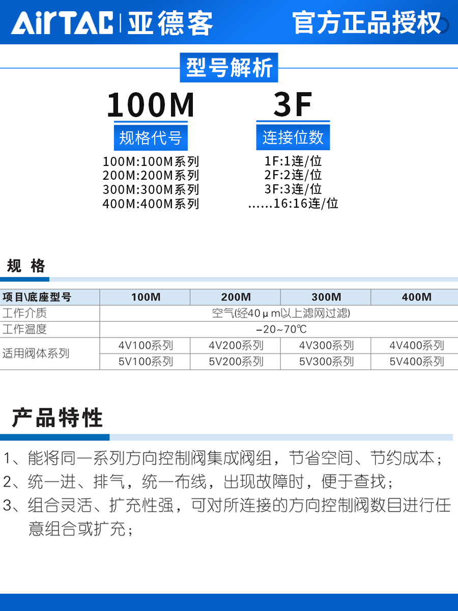 亚德客4V310电磁阀底座阀板汇流板300M-2F/3F/4F/5F/6F/7F/8F/9F