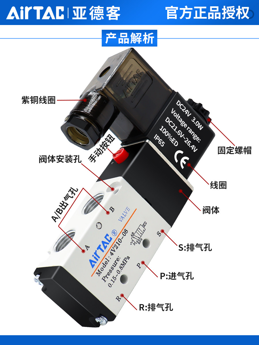 亚德客气动电磁阀4v210一08换向阀220v线圈控制阀24v电子气阀12v