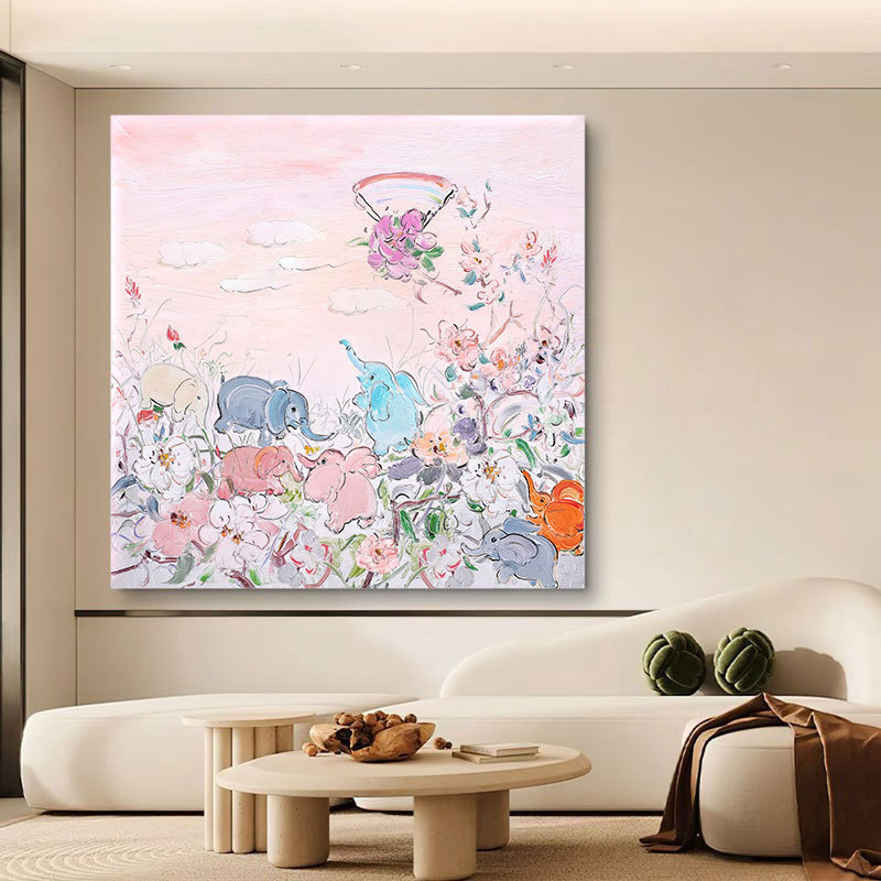 儿童房手绘壁画玄关肌理装饰画大芬村治愈系油画客厅吉祥大象挂画图片