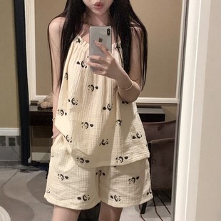 夏天甜美少女棉纱吊带睡衣短裤 套装 夏季 可外穿双层纱布家居服夏款