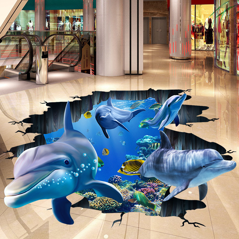 3d立体地画海豚海底鱼群墙贴防水地板贴儿童房卧室客厅墙贴纸贴画