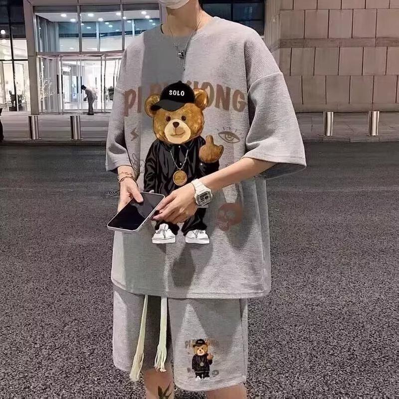 华夫格t恤男夏季套装潮牌宽松运动短袖短裤男装搭配一套帅气衣服