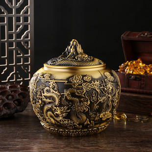 纯黄铜米缸带盖百福缸招财进宝聚宝盆五福摆件大零钱罐茶叶罐批发