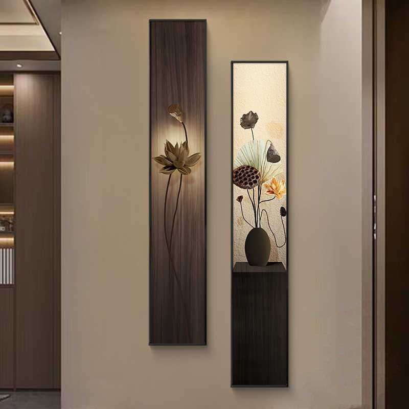 禅意荷花日式玄关入户背景墙复古禅意挂画走廊客厅装饰画茶室壁画图片