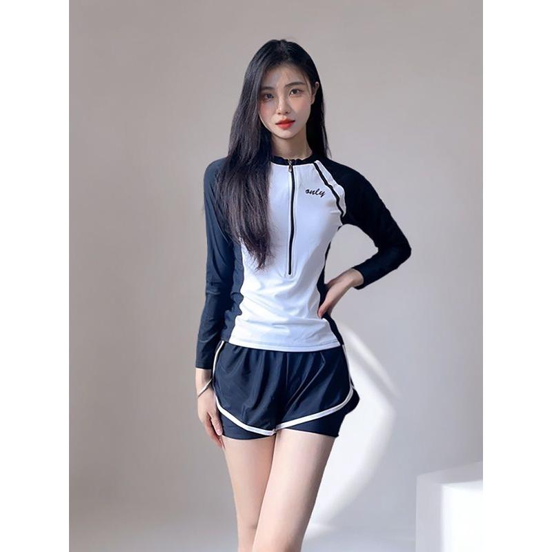 2025新款游泳衣女分体保守学生高级感长袖运动风温泉防走光平角裤