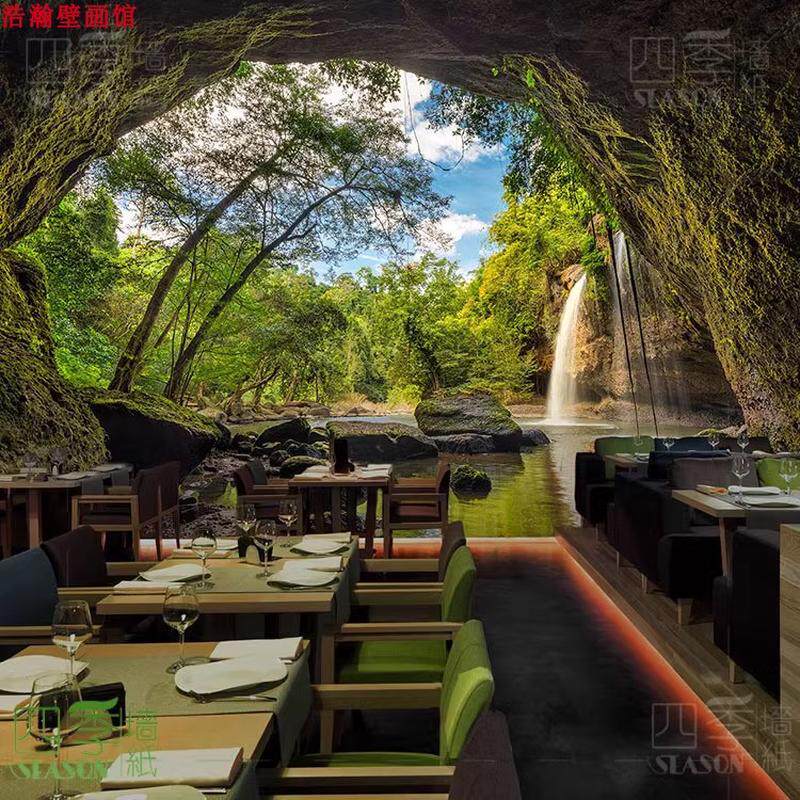 3d立体创意森林墙纸大自然风景餐厅烧烤定制壁画山洞延伸视觉壁纸