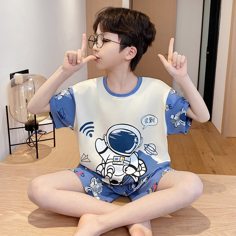 100%纯棉儿童睡衣夏季短袖男童夏天薄款大码中大童男孩家居服套装