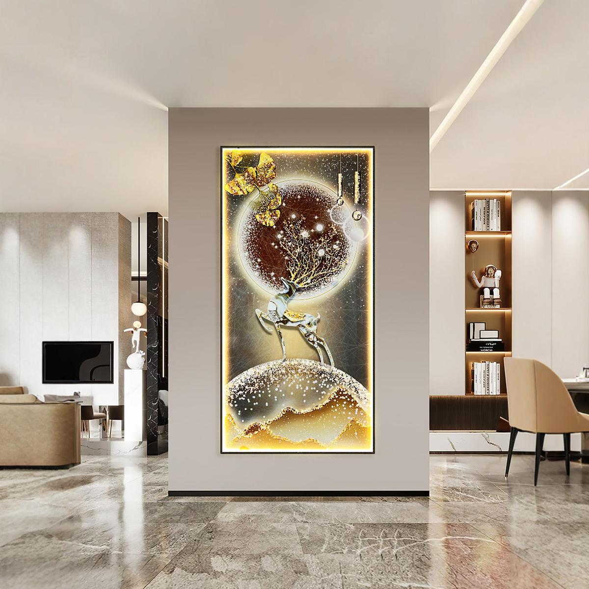 轻奢风麋鹿入户玄关装饰画现代简约走廊尽头挂画北欧客厅LED灯画图片