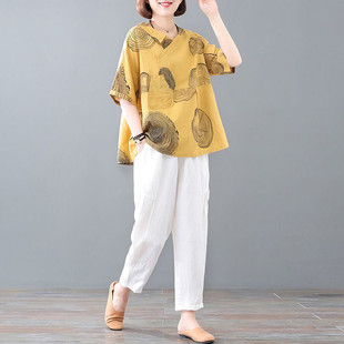 中年妈妈夏装休闲套装女2025夏季新款大码亚麻两件套