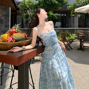 法式 高货速发旅游拍照衣服印花吊带连衣裙夏季 仙女露背海边度假A