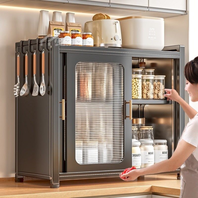 厨房置物架多层台面推拉门橱柜用锅碗收纳柜多功能省空间储物柜,厨房/烹饪用具,厨房置物架/置物柜/角架,淘宝优惠券,粉丝福利购,淘宝优惠卷