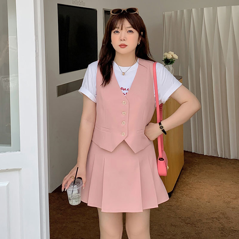 套装女2023新款夏220斤胖mm加大码学院风显瘦马甲裤裙两件套