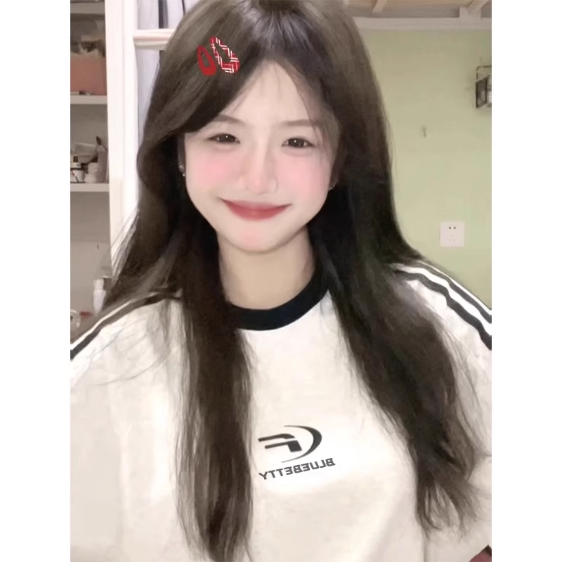 2024落新款美式年三条夏季杠肩短袖t恤纯棉半袖宽松设计感上衣女