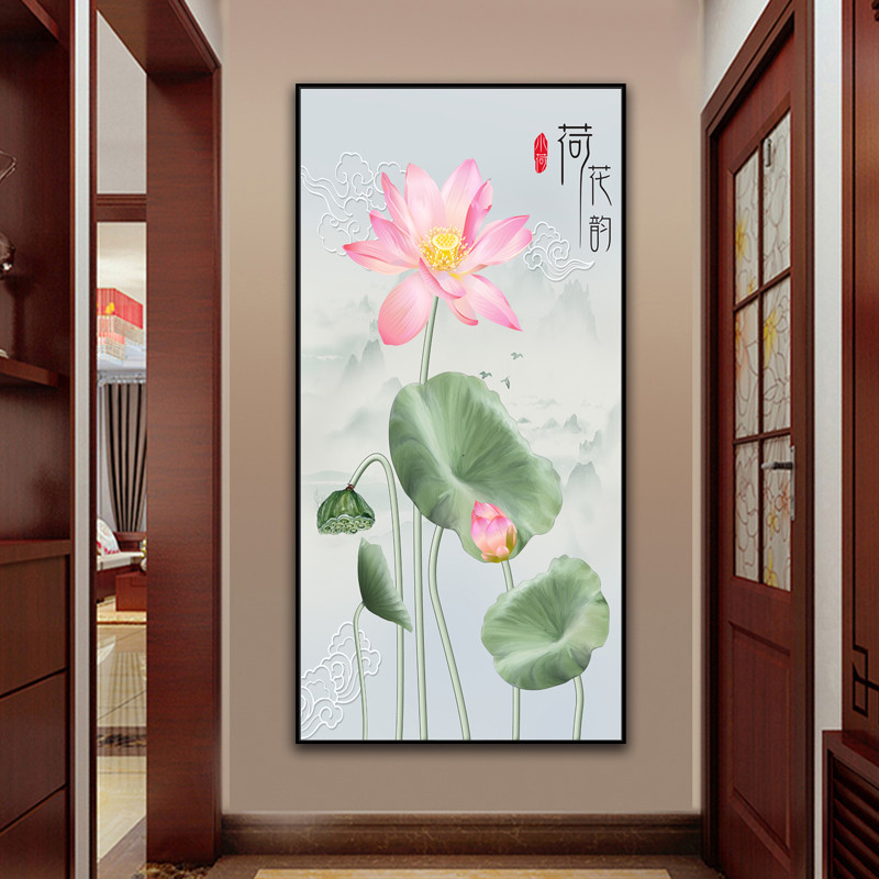 新中式壁画过道走廊墙画荷花花鸟贴画现代简约入户玄关自粘装饰画图片