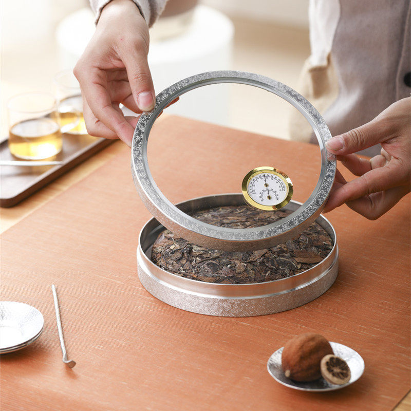 纯锡普洱茶饼收纳盒白茶透明盖带温湿度表储存密封玻璃锡罐茶叶罐