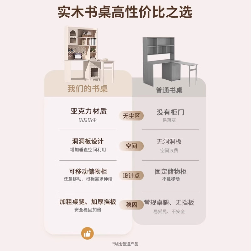 全实木书桌书架一体可旋转台式电脑桌儿童双人学习桌洞洞板写字桌