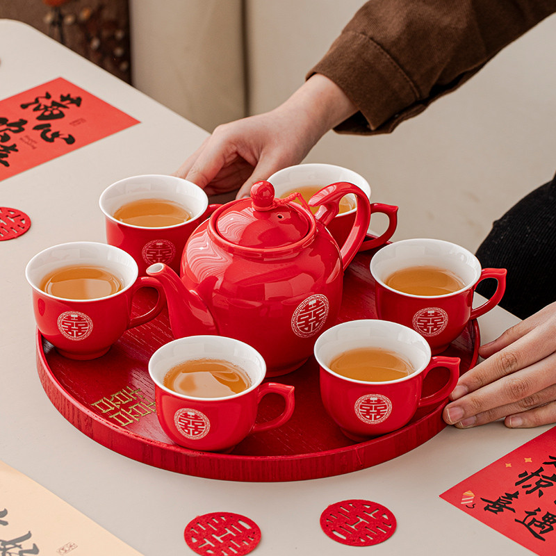 结婚敬茶杯套装婚礼茶具新人改口茶壶茶杯喜庆红色新婚陪嫁物品