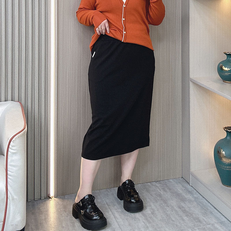 黑色女2024春款胖mm大码显瘦松紧开叉中长款包臀裙,女装/女士精品,大码半身裙,淘宝优惠券,粉丝福利购,淘宝优惠卷