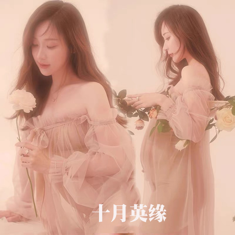 网红新款孕妇照服装法式唯美孕妈粉色抹胸连衣裙大肚摄影艺术拍照