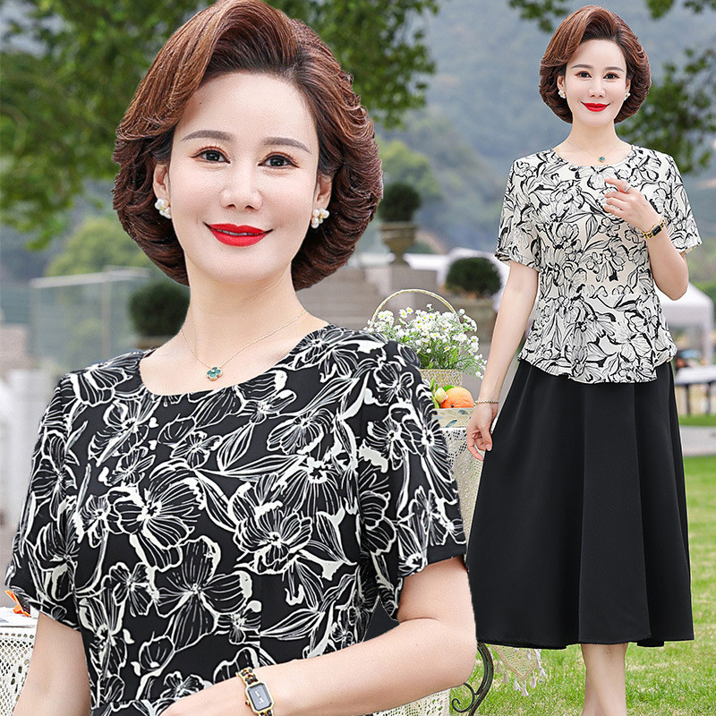 妈妈装连衣裙夏季新款中老年女装时尚印花裙子大码女士假两件长裙