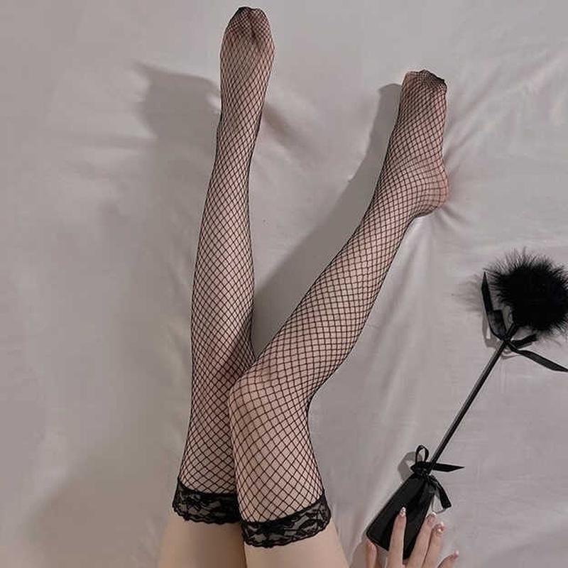 现货蕾丝长筒渔网袜可撕网眼透肉情趣黑丝高筒过膝大腿袜辣妹性感