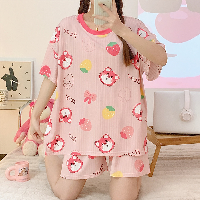 新品睡衣女夏天莫代尔短袖短裤甜美可爱大码胖mm200斤宽松家居服