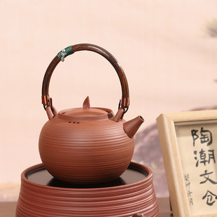 红泥功夫茶壶提梁砂铫茶室围炉潮汕户外泡茶烧水壶家用陶土砂铫壶