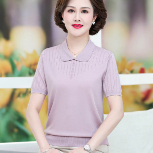 新品 中年妇女夏装 带领冰丝t恤洋气宽松上衣五十岁妈妈装 针织短袖