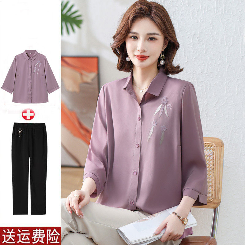 中老年女洋气衬衫妈妈春夏装中袖雪纺小衫时尚薄开衫两件套装,女装/女士精品,中老年女装,淘宝优惠券,粉丝福利购,淘宝优惠卷