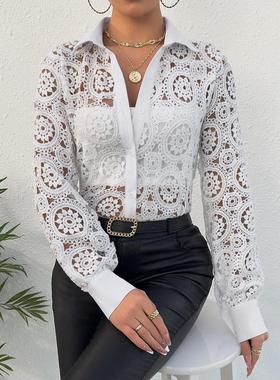 Long sleeved lace V-neck women's shirt 长袖蕾丝V领女士衬