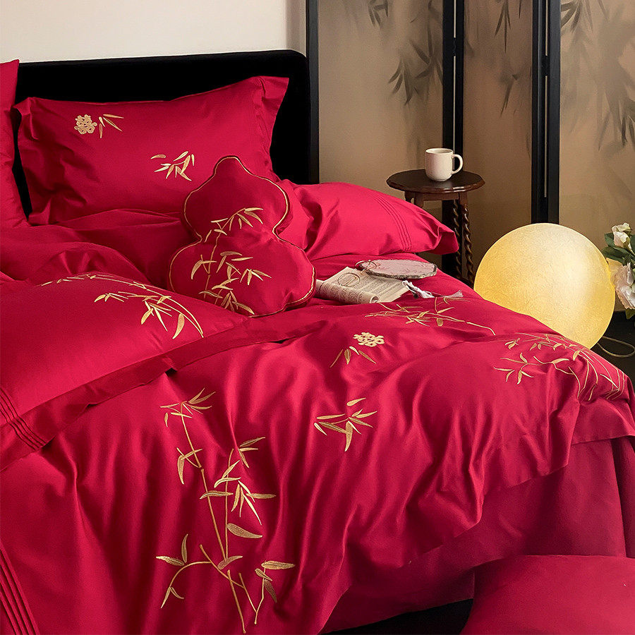 金竹报喜新中式婚庆四件套全棉100S喜字刺绣红色结婚被套床品床单,床上用品,婚庆床品套件,淘宝优惠券,粉丝福利购,淘宝优惠卷
