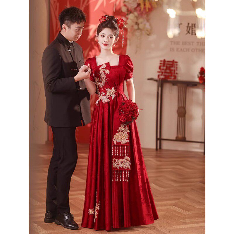 直销新中式敬酒服新娘高级感酒红色缎面结婚订婚回门礼服裙女国风