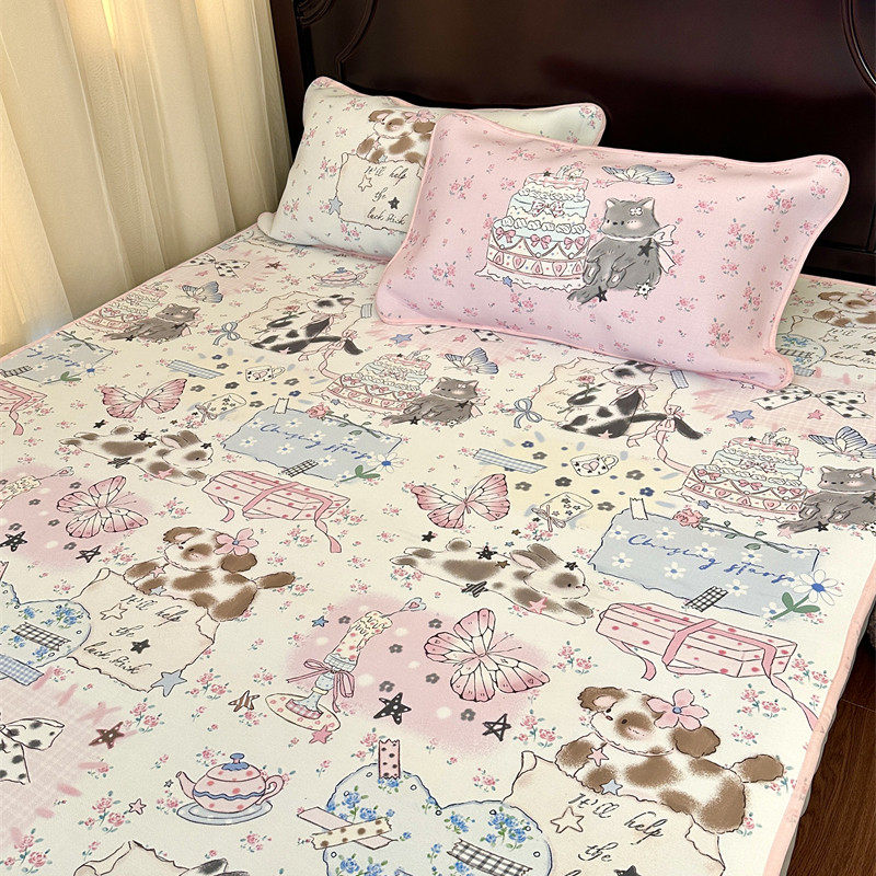 梨梦 喵喵日记 可爱冰丝凉席三件套少女心床笠款夏季可机洗可折叠,床上用品,冰丝席,淘宝优惠券,粉丝福利购,淘宝优惠卷
